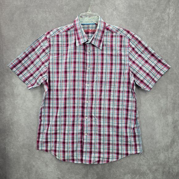 Report Collection Red Plaid Stripe Button Down Short Sleeve Work Casual Shirt XL - Picture 1 of 7